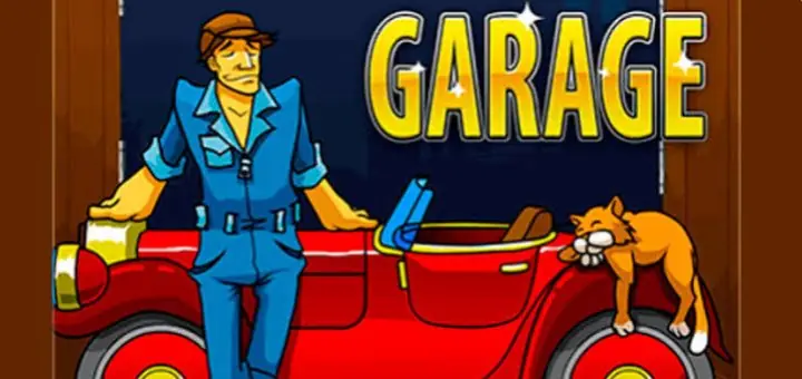 Portada de Garage, la tragamonedas de Igrosoft: un mecánico apoyado en un auto rojo y un gato dormido sobre el capó